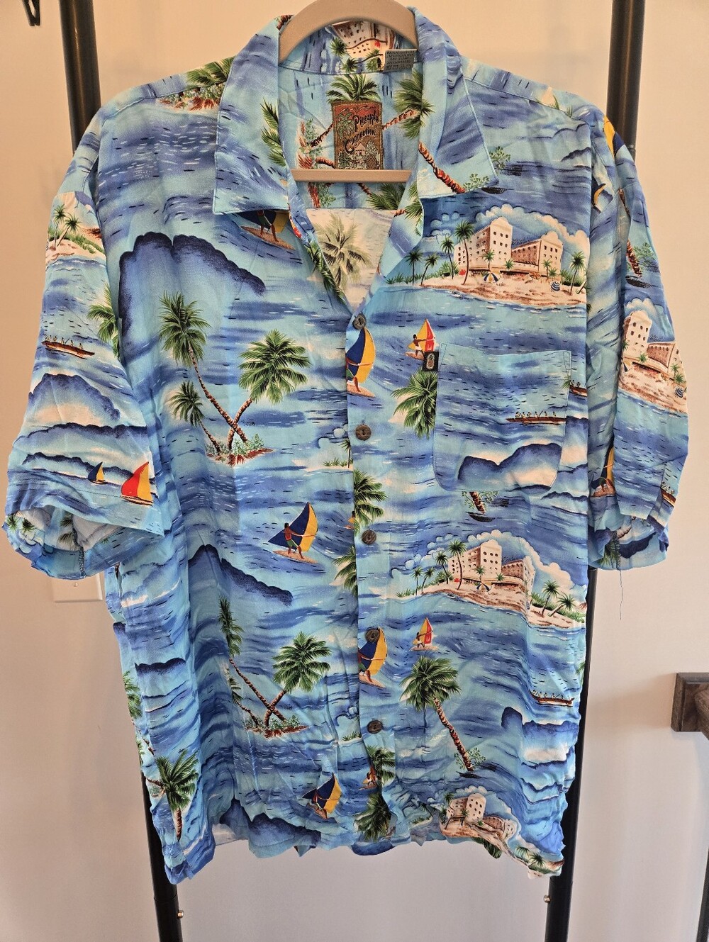 Vintage Passport Hawaiian Shirt L Blue Tropical Island Rayon Button-Up